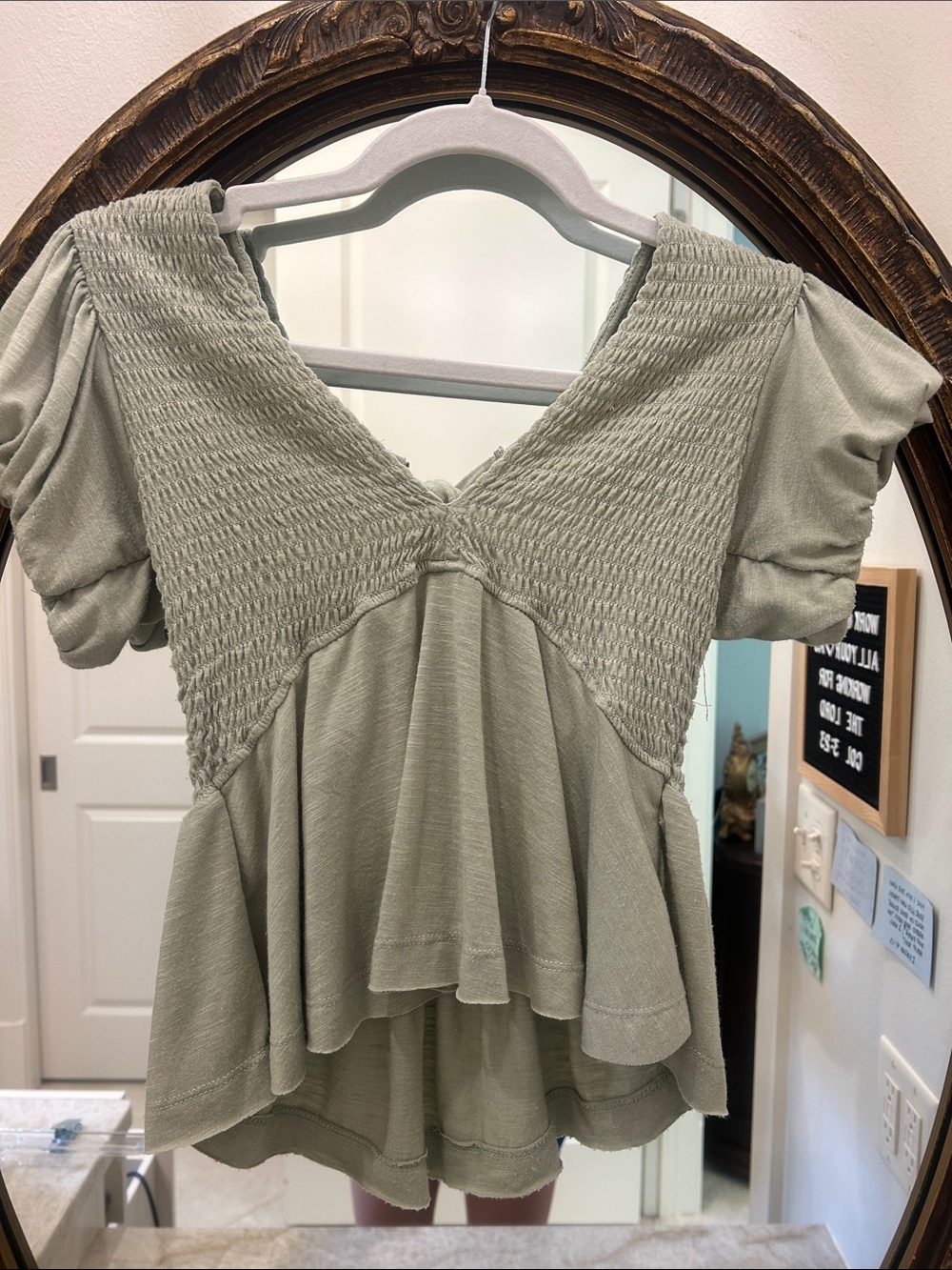 Altar’d State Smocked V‑Neck Sage Green Women’s Top